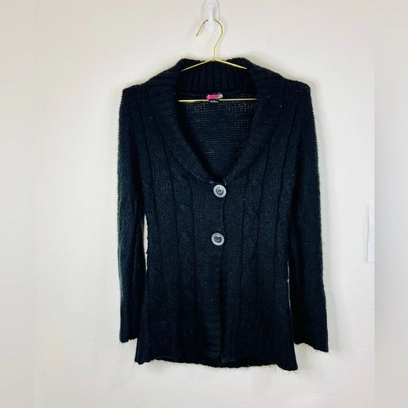 Kiss It Women’s Cable Knit Button-Up Cardigan Sweater, Black, Size Medium Cozy - Picture 1 of 9